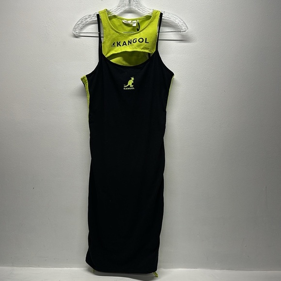 Kangol x H&M Bodycon Dress Stretch Sleeveless Cut Out Black Neon Size Medium - Picture 2 of 8